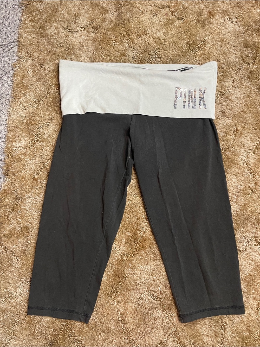 PINK Yoga Victoria’s Secret Black Cropped Fold Over Leggings Size Medium